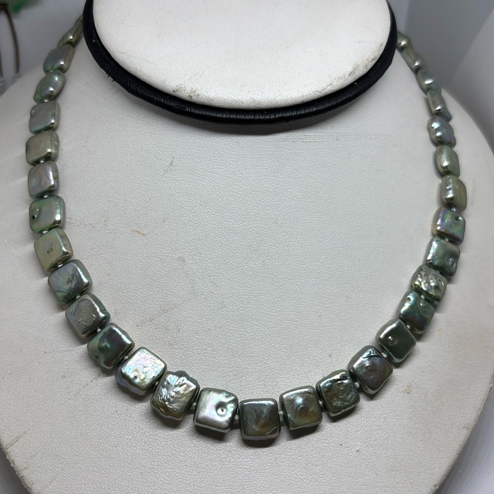 11mm cultured freshwater square pearls necklace. Hand knotted between each pearl